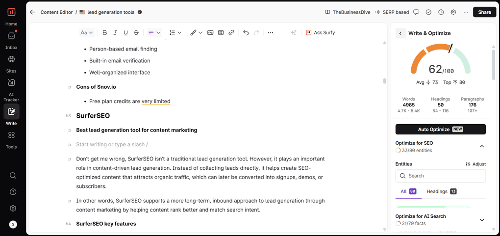 SurferSEO key features
