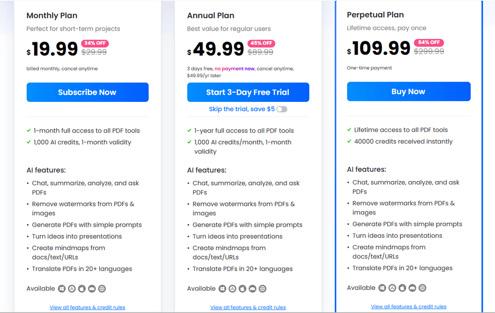 lightPDF pricing plans