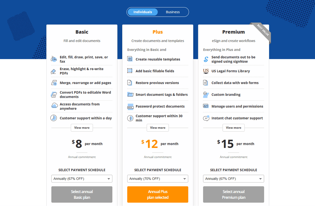 pdfFiller pricing plans