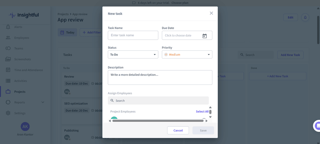 project and task management features of Insightful