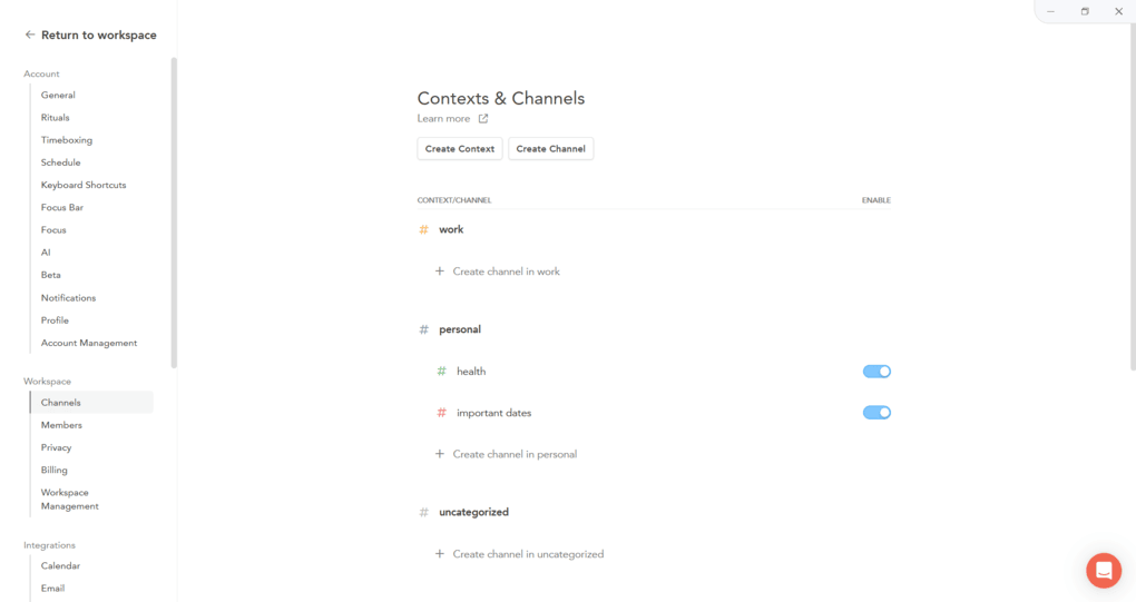 sunsama context and channels