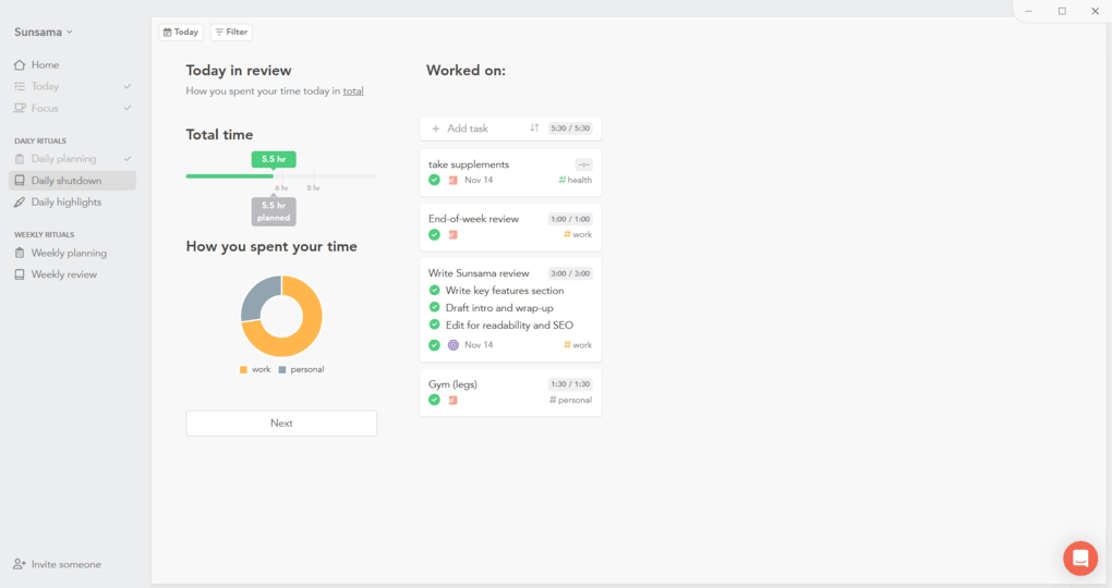 sunsama daily shutdown