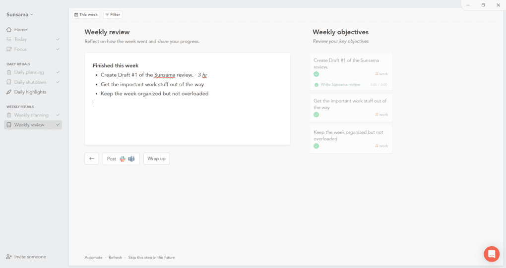 sunsama weekly review