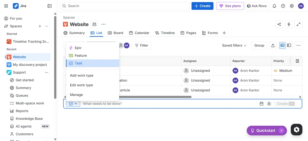 Jira task and issue tracking