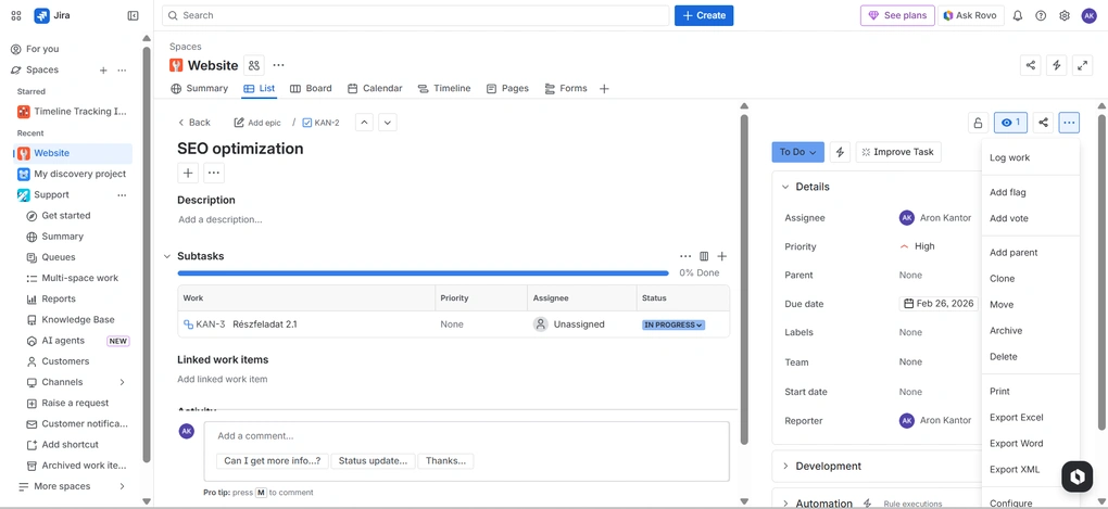 Jira tasks and subtasks