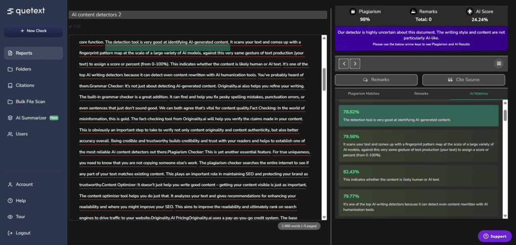 Quetext AI detector feature