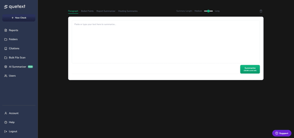Quetext AI summarizer feature