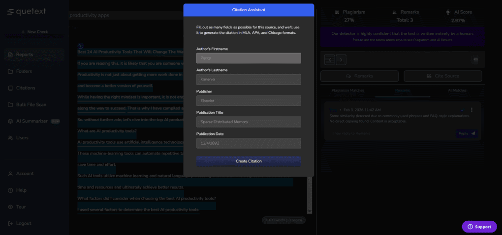 Quetext citation assistant