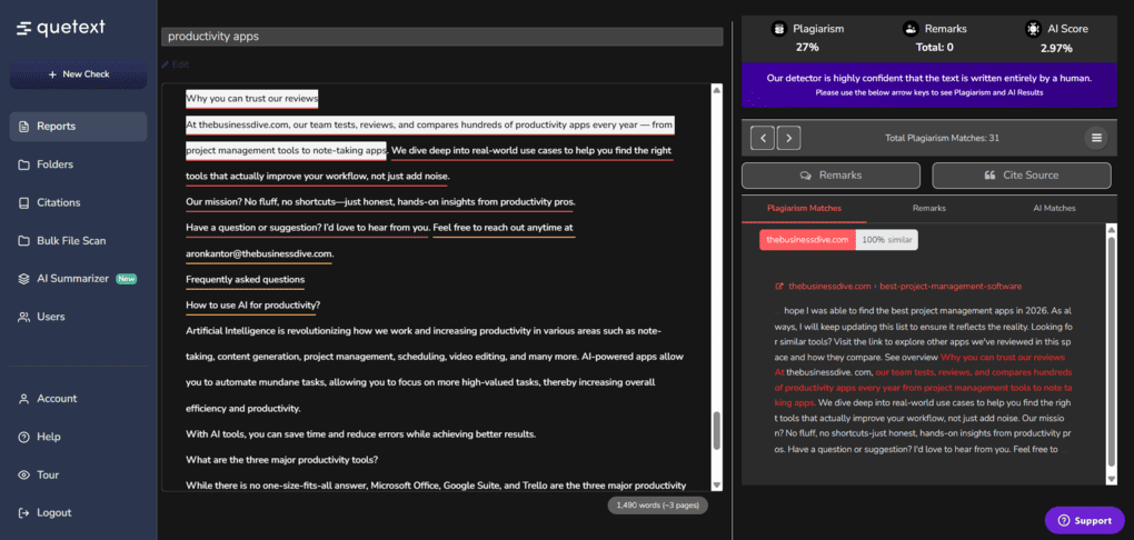 Quetext plagiarism checker feature