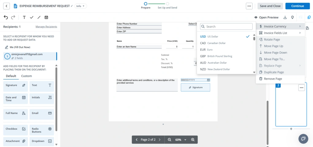 signnow invoice field