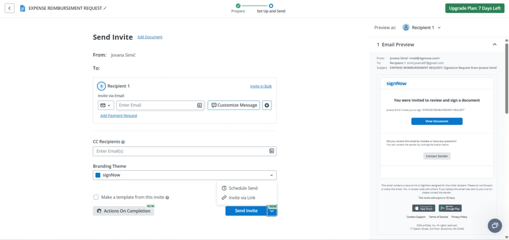 signnow send invite