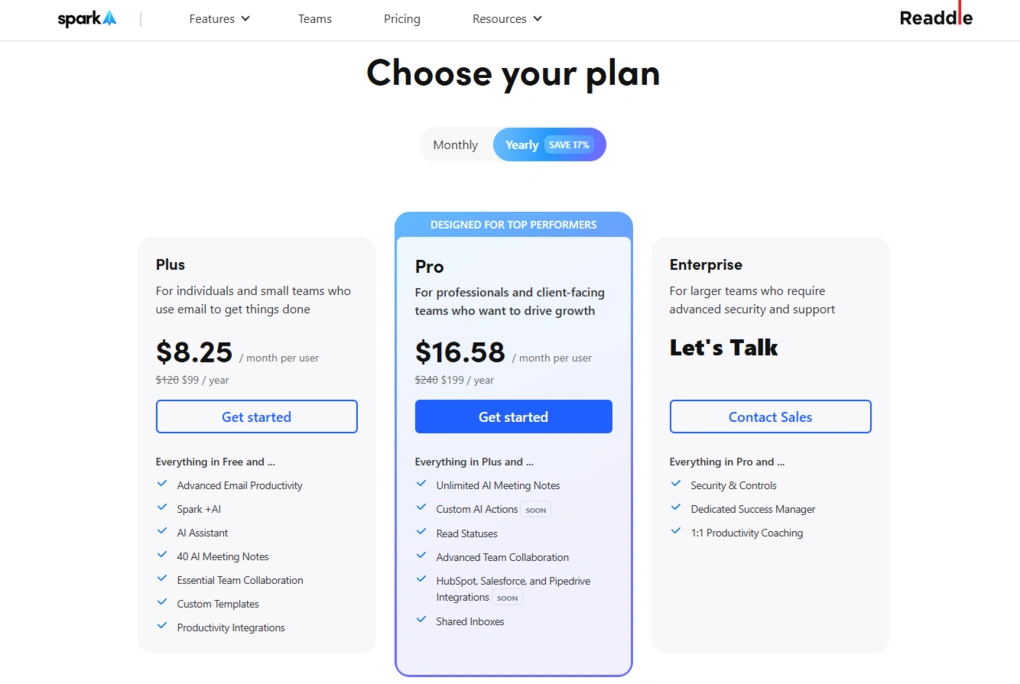 spark pricing plans