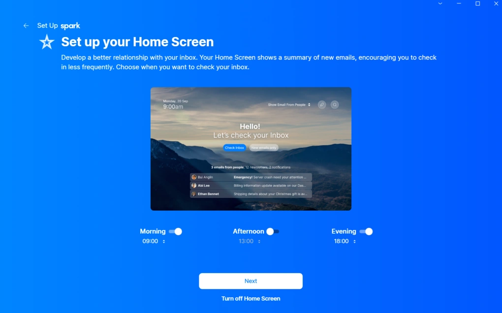 spark set up home screen