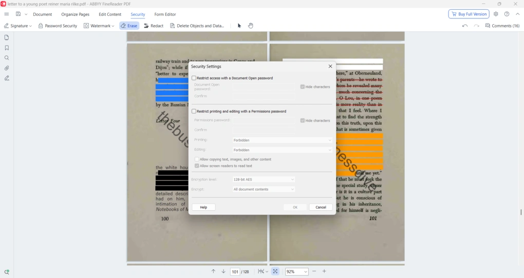 ABBYY PDF security settings