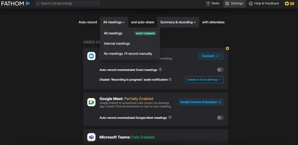 Fathom bot auto join settings