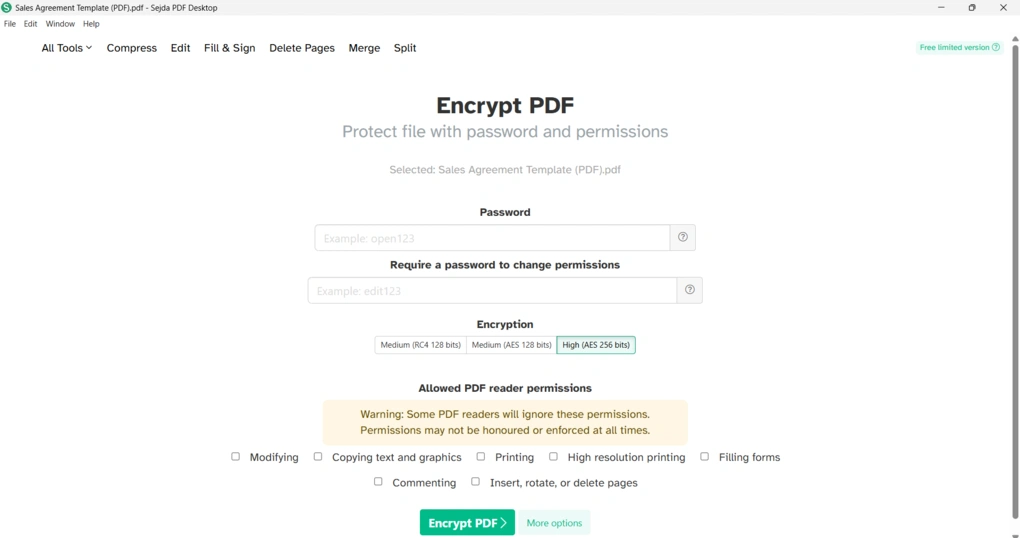 sejda Password protection