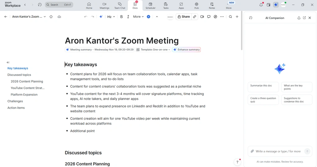 zoom ai companion meeting summaries