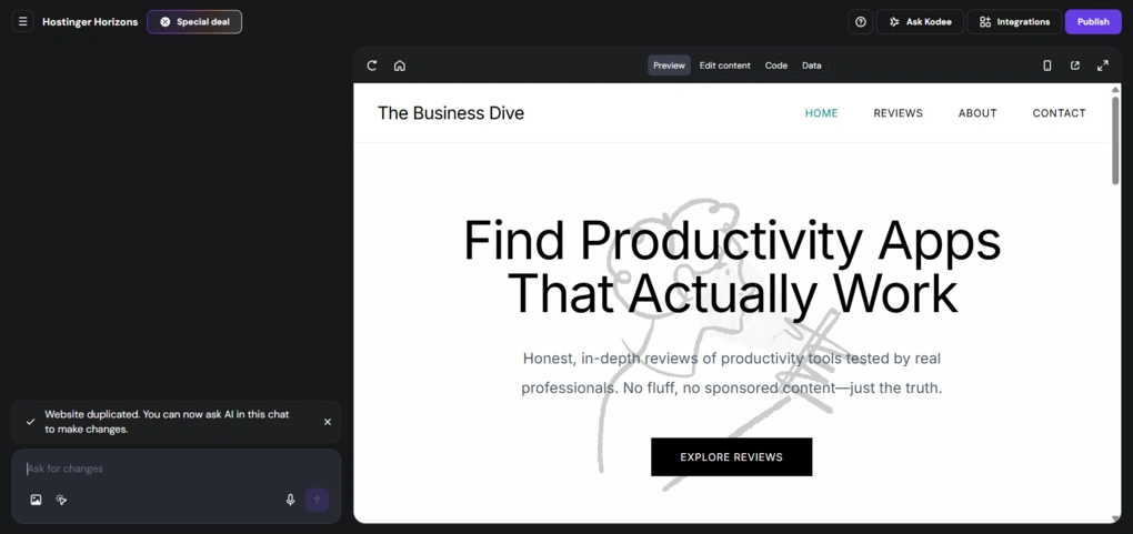 hostinger horizons ai app builder duplicate website