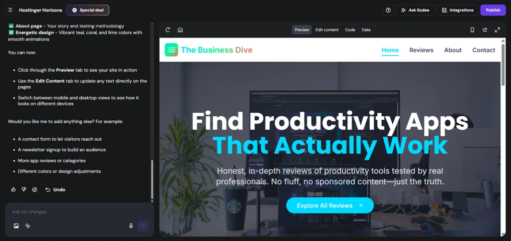 hostinger horizons ai app builder generating