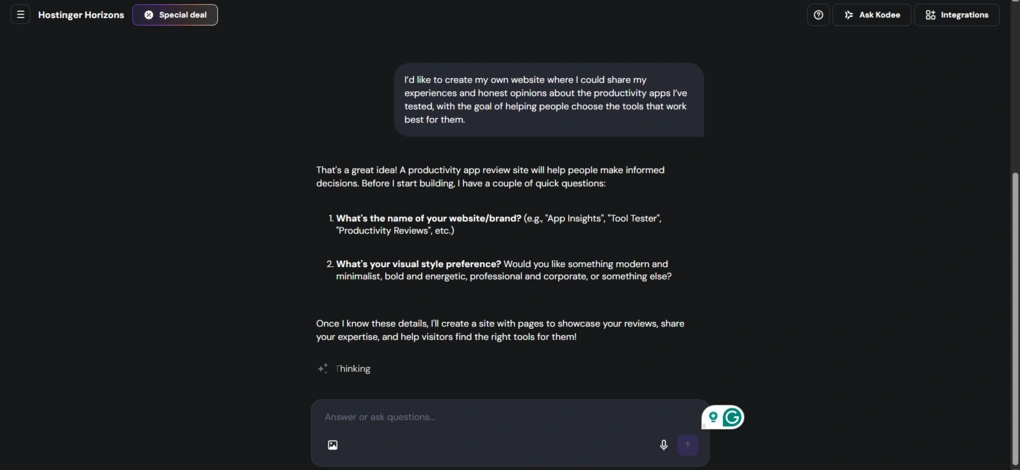 hostinger horizons ai app builder prompt