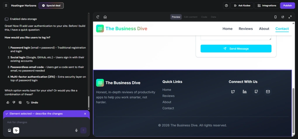 hostinger horizons ai app builder select