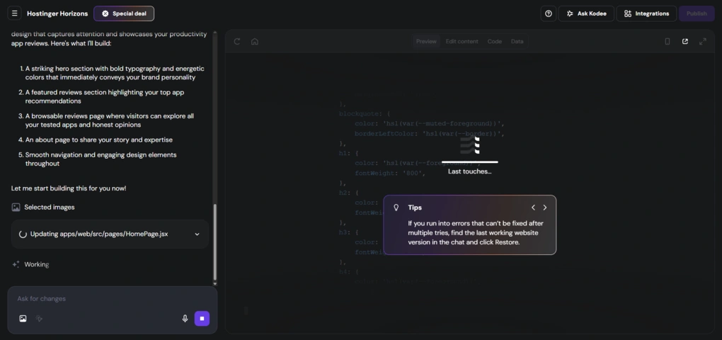 hostinger horizons ai app builder version restore