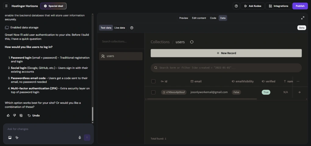hostinger horizons project data management