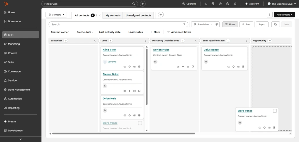 hubspot contacts board view