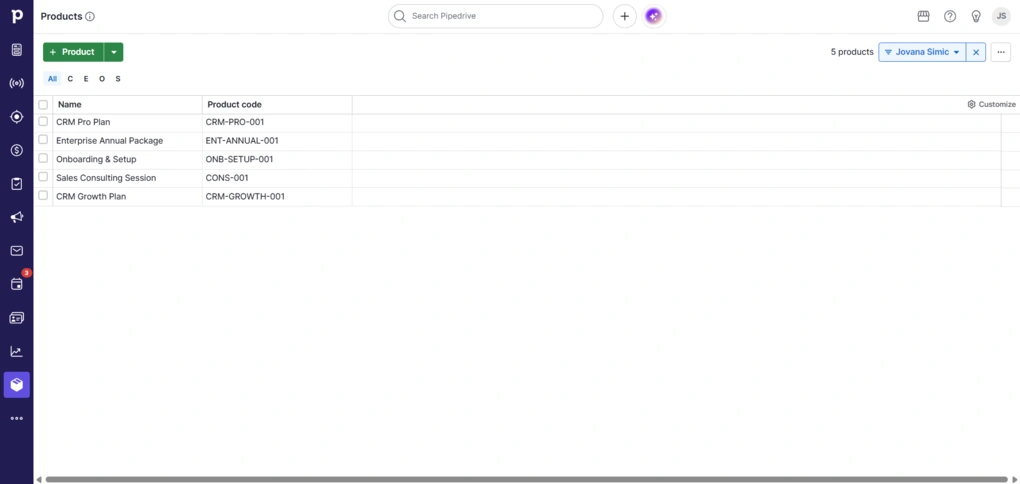 pipedrive product list