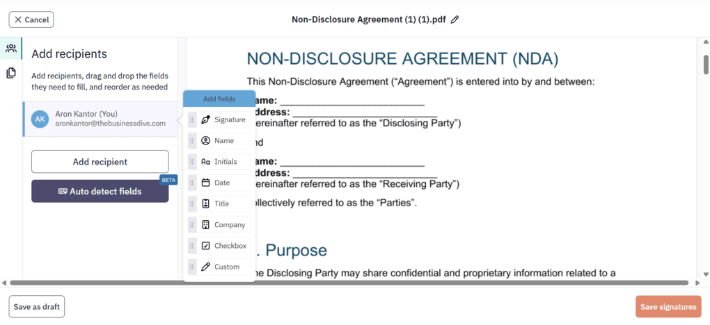Signing a document with Nitro Sign