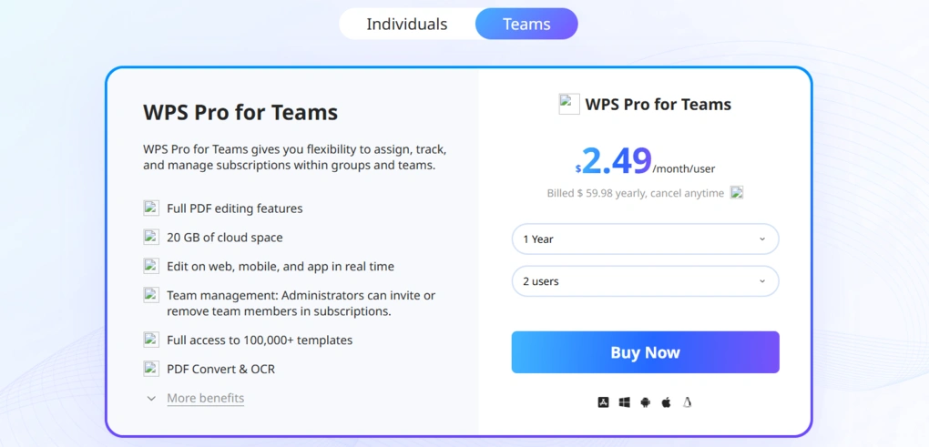 WPS Office pricing team plan