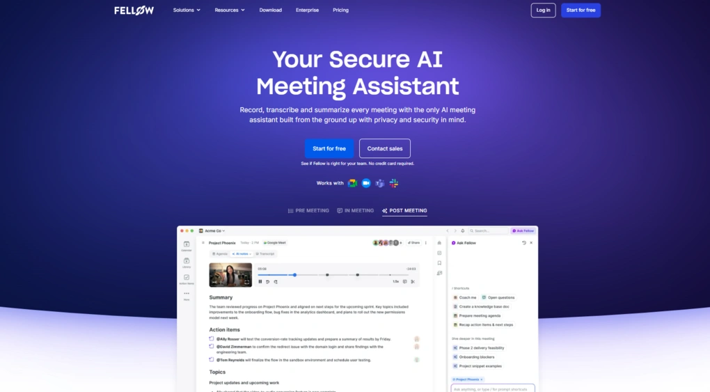 fellow Best AI meeting note taker connector for Claude