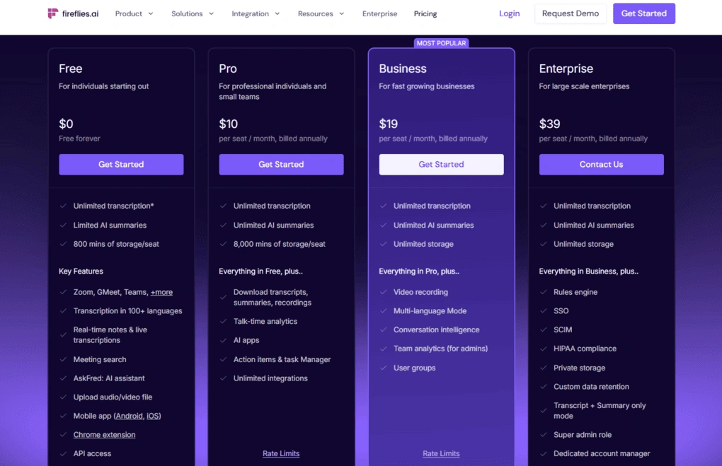 fireflies ai pricing