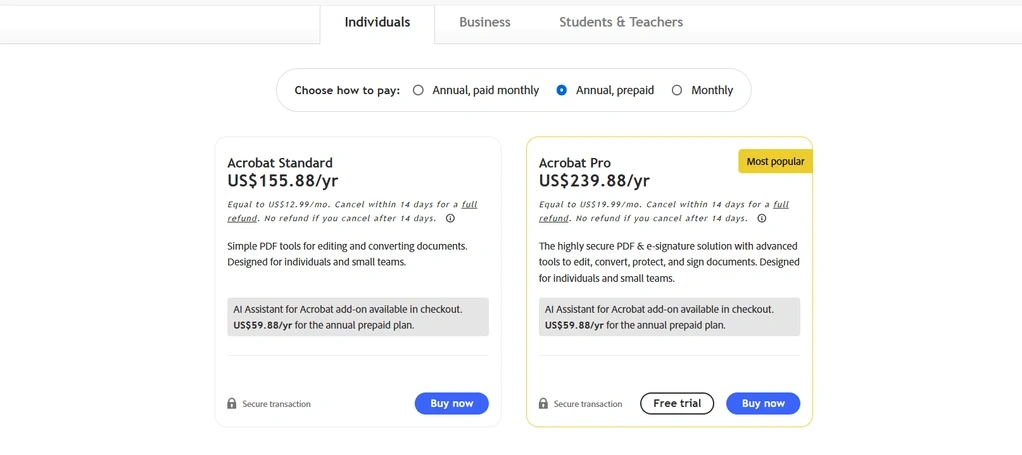 Adobe Acrobat pricing