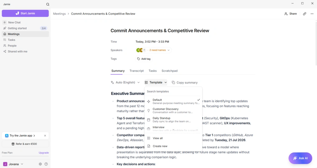 jamie AI summaries with customizable templates
