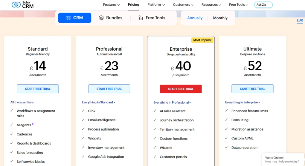 zoho crm pricing