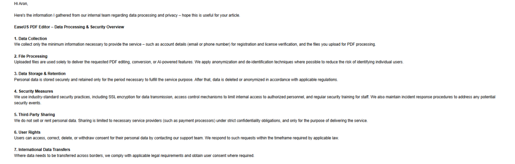 EaseUS answer to my security questions